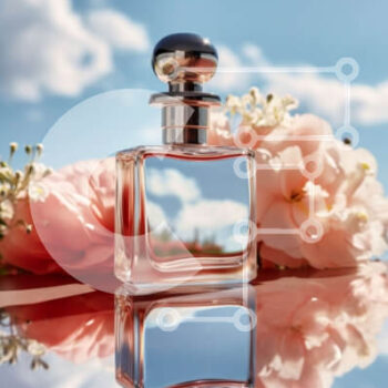 Intra Συλλεκτικό Ξύλινο Παζλ Plywood  4mm - Ροζ μπουκάλι αρώματος σε τραπέζι με όμορφο λουλουδάτο φόντο Σε Ξύλινο Κουτί - Διαστάσεις Puzzle: 10x10 cm – 25 κομμάτια - Image 1