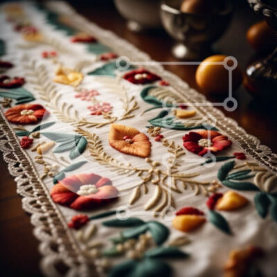 Intra Συλλεκτικό Ξύλινο Παζλ Plywood  4mm - Κομψό Λευκό Τραπέζι Runner με φλοράλ κέντημα και φρέσκα πορτοκάλια Σε Ξύλινο Κουτί - Διαστάσεις Puzzle: 10x10 cm – 25 κομμάτια - Image 1