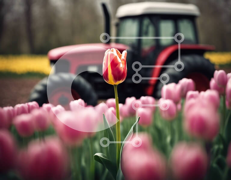 Intra Συλλεκτικό Ξύλινο Παζλ Plywood  4mm - Μονή ροζ τουλίπα σε χωράφι με κόκκινο τρακτέρ Σε Ξύλινο Κουτί - Διαστάσεις: 10x10 cm – 25 κομμάτια