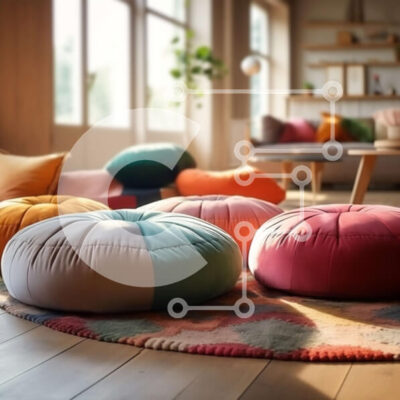 Intra Συλλεκτικό Ξύλινο Παζλ Plywood  4mm - Όμορφη εικόνα ενός σαλονιού με πολύχρωμα πουφ Σε Ξύλινο Κουτί - Διαστάσεις Puzzle: 10x10 cm – 25 κομμάτια - Image 1