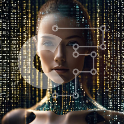 Intra Συλλεκτικό Ξύλινο Παζλ Plywood  4mm - Γυναίκα με σώμα τεχνητής νοημοσύνης (AI) μπροστά από πολύχρωμες ψηφιακές γραμμές Σε Ξύλινο Κουτί - Διαστάσεις Puzzle: 10x10 cm – 25 κομμάτια - Image 1