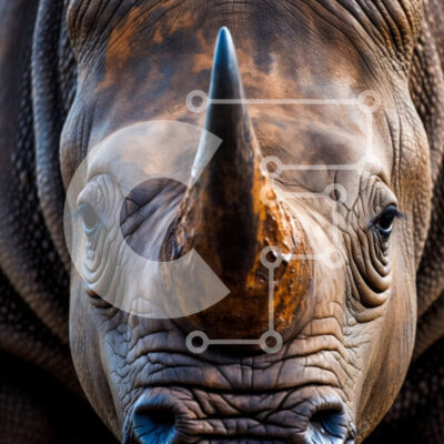 Intra Συλλεκτικό Ξύλινο Παζλ Plywood  4mm - Κοντινή φωτογραφία του προσώπου ενός ρινόκερου με μεγάλο κέρατο και καφέ γούνα Σε Ξύλινο Κουτί - Διαστάσεις: 10x10 cm – 25 κομμάτια - Image 1