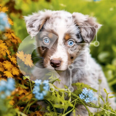 Intra Συλλεκτικό Ξύλινο Παζλ Plywood  4mm - Αξιολάτρευτο Blue Heeler κουτάβι που περιβάλλεται από αγριολούλουδα Σε Ξύλινο Κουτί - Διαστάσεις: 10x10 cm – 25 κομμάτια - Image 1