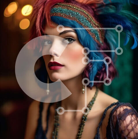 Intra Συλλεκτικό Ξύλινο Παζλ Plywood  4mm - Εκπληκτική εικόνα μιας γυναίκας με πολύχρωμα μαλλιά με φτερωτό κόσμημα και κοσμήματα με χάντρες Σε Ξύλινο Κουτί - Διαστάσεις Puzzle: 10x10 cm – 25 κομμάτια - Image 1