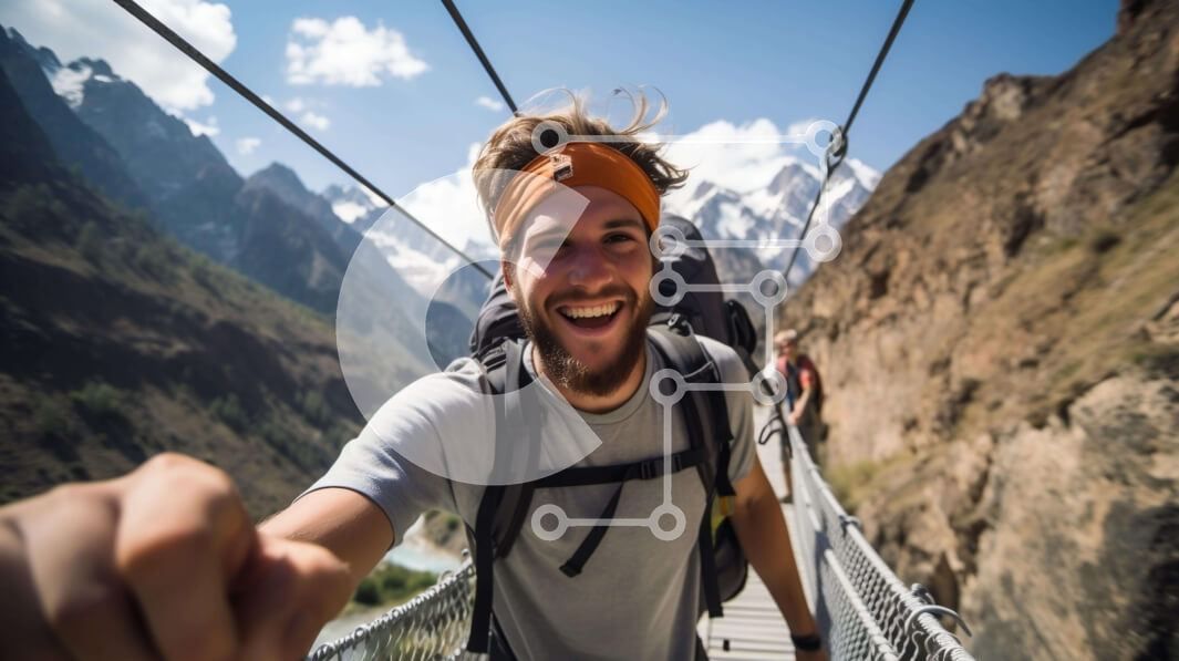 Intra Συλλεκτικό Ξύλινο Παζλ Plywood  4mm - Άτομο που περπατά σε μια κρεμαστή γέφυρα στα βουνά Σε Ξύλινο Κουτί - Διαστάσεις Puzzle: 10x10 cm – 25 κομμάτια