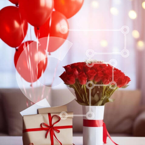 Intra Συλλεκτικό Ξύλινο Παζλ Plywood 4mm - Ρομαντικό μπουκέτο με κόκκινα τριαντάφυλλα με μπαλόνια και δώρα Σε Ξύλινο Κουτί - Διαστάσεις Puzzle: 10x10 cm – 25 κομμάτια - Image 1