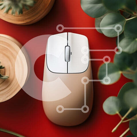 Intra Συλλεκτικό Ξύλινο Παζλ Plywood  4mm - Ποντίκι υπολογιστή σε κόκκινη επιφάνεια με φυτά Σε Ξύλινο Κουτί - Διαστάσεις Puzzle: 10x10 cm – 25 κομμάτια - Image 1