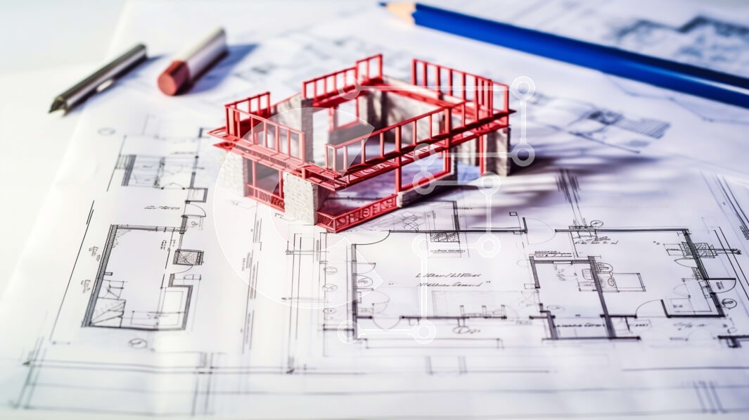 Intra Συλλεκτικό Ξύλινο Παζλ Plywood  4mm - Μικρό κόκκινο μοντέλο κτιρίου σε αρχιτεκτονικά σχέδια Σε Ξύλινο Κουτί - Διαστάσεις Puzzle: 10x10 cm – 25 κομμάτια