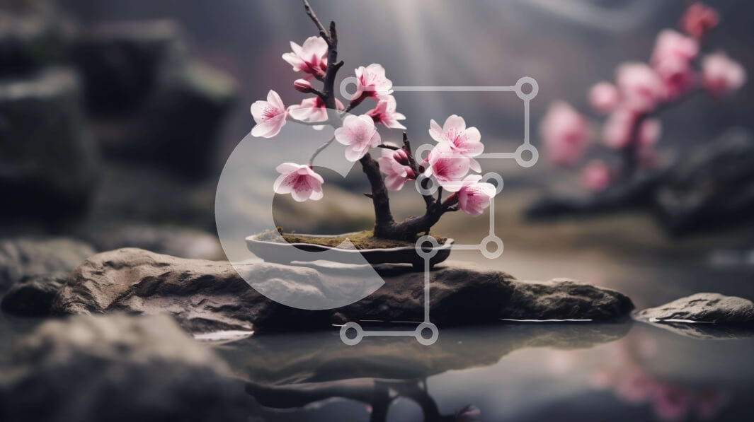 Intra Συλλεκτικό Ξύλινο Παζλ Plywood  4mm - Μικρό φυτό σε γλάστρα με ροζ λουλούδια σε βράχους στο νερό Σε Ξύλινο Κουτί - Διαστάσεις: 10x10 cm – 25 κομμάτια