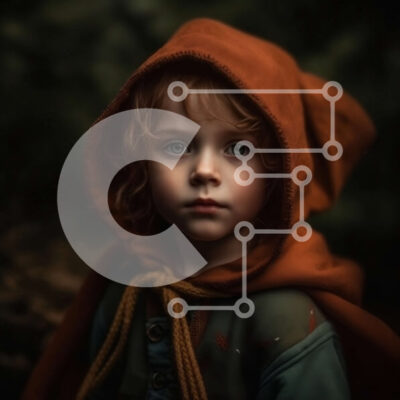 Intra Συλλεκτικό Ξύλινο Παζλ Plywood  4mm - Όμορφη εικόνα ενός νεαρού κοριτσιού με κόκκινο μανδύα με κουκούλα και μπλε φόρεμα σε ένα σκοτεινό δάσος Σε Ξύλινο Κουτί - Διαστάσεις Puzzle: 10x10 cm – 25 κομμάτια - Image 1