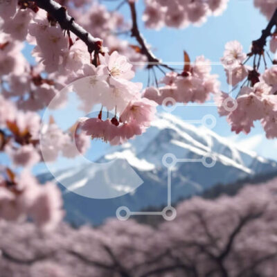 Intra Συλλεκτικό Ξύλινο Παζλ Plywood  4mm - Ροζ άνθη κερασιάς με χιονισμένα βουνά στην Ιαπωνία Σε Ξύλινο Κουτί - Διαστάσεις: 10x10 cm – 25 κομμάτια - Image 1