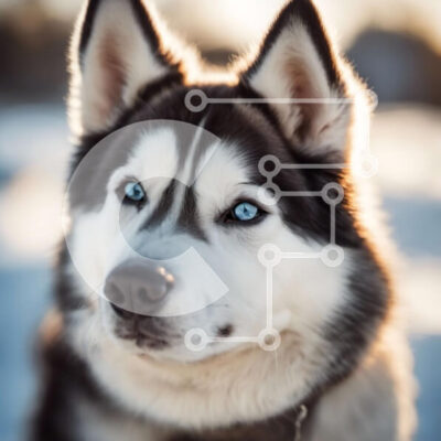 Intra Συλλεκτικό Ξύλινο Παζλ Plywood  4mm - Σιβηρικός γεροδεμένος σκύλος με μπλε μάτια στο χιόνι Σε Ξύλινο Κουτί - Διαστάσεις: 10x10 cm – 25 κομμάτια - Image 1