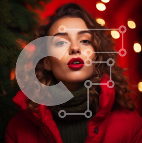 Intra Συλλεκτικό Ξύλινο Παζλ Plywood 4mm - Όμορφη γυναίκα στα κόκκινα με το διακοσμημένο χριστουγεννιάτικο δέντρο Σε Ξύλινο Κουτί - Διαστάσεις: 10x10 cm – 25 κομμάτια - Image 1