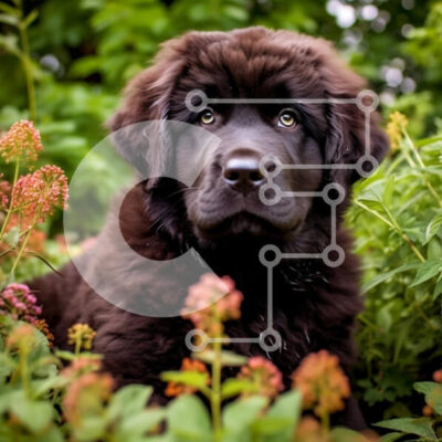 Intra Συλλεκτικό Ξύλινο Παζλ Plywood  4mm - Αξιολάτρευτο μαύρο κουτάβι της Νέας Γης σε ένα χωράφι με λουλούδια Σε Ξύλινο Κουτί - Διαστάσεις: 10x10 cm – 25 κομμάτια - Image 1