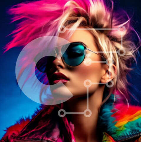 Intra Συλλεκτικό Ξύλινο Παζλ Plywood  4mm - Σοβαρή γυναίκα με πολύχρωμα μαλλιά και γυαλιά ηλίου σε δερμάτινο μπουφάν Σε Ξύλινο Κουτί - Διαστάσεις Puzzle: 10x10 cm – 25 κομμάτια - Image 1