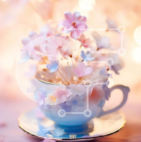 Intra Συλλεκτικό Ξύλινο Παζλ Plywood  4mm - Κομψό μπλε φλιτζάνι τσαγιού με ροζ και λευκά λουλούδια Σε Ξύλινο Κουτί - Διαστάσεις Puzzle: 10x10 cm – 25 κομμάτια - Image 1