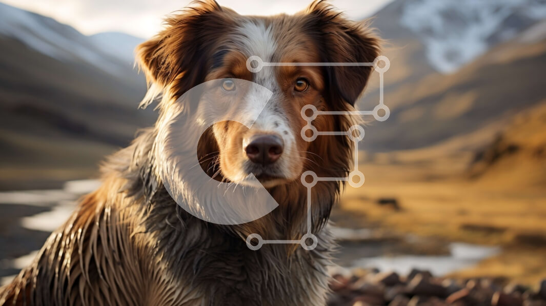 Intra Συλλεκτικό Ξύλινο Παζλ Plywood  4mm - Καφέ και λευκό σκυλί που κάθεται σε βραχώδες έδαφος με βουνά στο φόντο Σε Ξύλινο Κουτί - Διαστάσεις: 10x10 cm – 25 κομμάτια