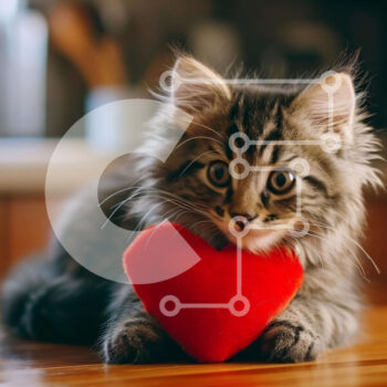 Intra Συλλεκτικό Ξύλινο Παζλ Plywood  4mm - Αξιολάτρευτη γάτα που παίζει με παιχνίδι σε σχήμα καρδιάς σε ξύλινο τραπέζι Σε Ξύλινο Κουτί - Διαστάσεις: 10x10 cm – 25 κομμάτια - Image 1