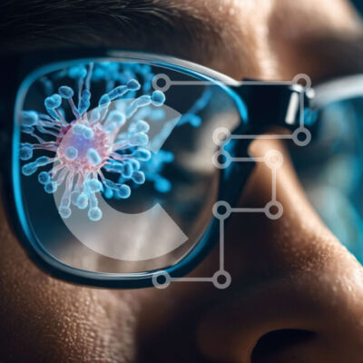 Intra Συλλεκτικό Ξύλινο Παζλ Plywood  4mm - Άνδρας που φοράει γυαλιά με διακόσμηση ιού μπλε κυττάρων Σε Ξύλινο Κουτί - Διαστάσεις Puzzle: 10x10 cm – 25 κομμάτια - Image 1