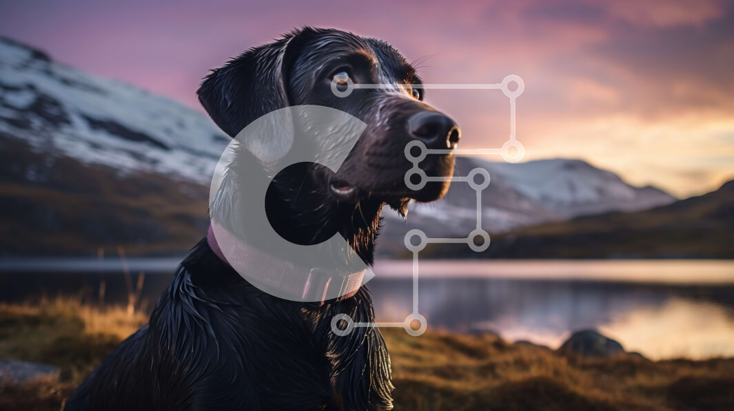 Intra Συλλεκτικό Ξύλινο Παζλ Plywood  4mm - Μαύρος σκύλος που κάθεται στο Grassy Hill με θέα στη λίμνη με τα βουνά Σε Ξύλινο Κουτί - Διαστάσεις: 10x10 cm – 25 κομμάτια