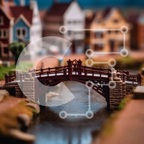 Intra Συλλεκτικό Ξύλινο Παζλ Plywood  4mm - Ειδυλλιακό μικροσκοπικό μοντέλο πόλης με ξύλινα σπίτια και κόκκινη γέφυρα Σε Ξύλινο Κουτί - Διαστάσεις Puzzle: 10x10 cm – 25 κομμάτια - Image 1