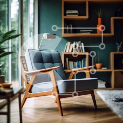 Intra Συλλεκτικό Ξύλινο Παζλ Plywood  4mm - Ευρύχωρο και καλά φωτισμένο σαλόνι με ράφι και μπλε πολυθρόνα Σε Ξύλινο Κουτί - Διαστάσεις Puzzle: 10x10 cm – 25 κομμάτια - Image 1