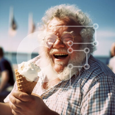 Intra Συλλεκτικό Ξύλινο Παζλ Plywood  4mm - Ευτυχισμένος ηλικιωμένος με γυαλιά και καρό πουκάμισο τρώει παγωτό σε εξωτερικούς χώρους Σε Ξύλινο Κουτί - Διαστάσεις Puzzle: 10x10 cm – 25 κομμάτια - Image 1