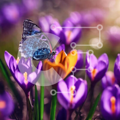 Intra Συλλεκτικό Ξύλινο Παζλ Plywood 4mm - Μπλε πεταλούδα που στηρίζεται σε μωβ λουλούδια κρόκου Σε Ξύλινο Κουτί - Διαστάσεις: 10x10 cm – 25 κομμάτια - Image 1