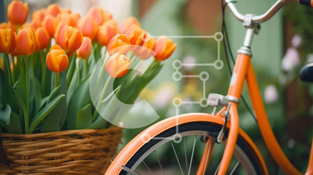 Intra Συλλεκτικό Ξύλινο Παζλ Plywood  4mm - Πορτοκαλί ποδήλατο και τουλίπες σε έναν ανοιξιάτικο κήπο Σε Ξύλινο Κουτί - Διαστάσεις: 10x10 cm – 25 κομμάτια