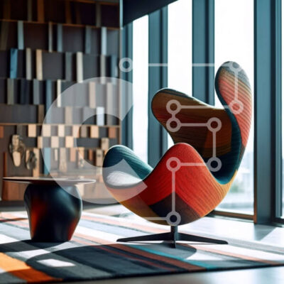 Intra Συλλεκτικό Ξύλινο Παζλ Plywood  4mm - Πολύχρωμη και κομψή καρέκλα Egg σε ένα κομψό διαμέρισμα στην πόλη Σε Ξύλινο Κουτί - Διαστάσεις Puzzle: 10x10 cm – 25 κομμάτια - Image 1