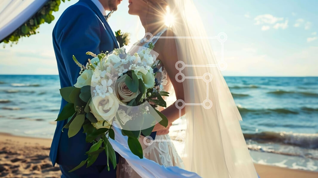 Intra Συλλεκτικό Ξύλινο Παζλ Plywood  4mm - Ρομαντικοί νεόνυμφοι στην παραλία Σε Ξύλινο Κουτί - Διαστάσεις Puzzle: 10x10 cm – 25 κομμάτια