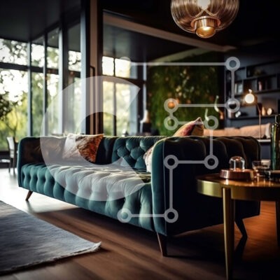 Intra Συλλεκτικό Ξύλινο Παζλ Plywood 4mm - Κομψό και άνετο μοντέρνο σαλόνι με μπλε βελούδινο καναπέ και φυτά Σε Ξύλινο Κουτί - Διαστάσεις Puzzle: 10x10 cm – 25 κομμάτια - Image 1