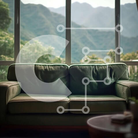 Intra Συλλεκτικό Ξύλινο Παζλ Plywood  4mm - Κομψό σαλόνι με πράσινο δερμάτινο καναπέ και θέα στο βουνό Σε Ξύλινο Κουτί - Διαστάσεις Puzzle: 10x10 cm – 25 κομμάτια - Image 1