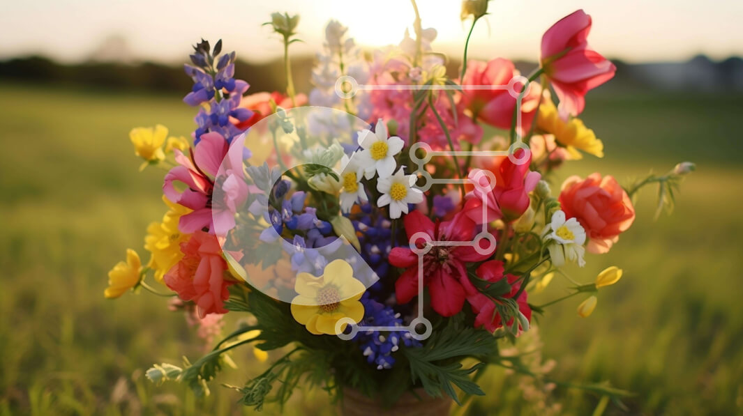 Intra Συλλεκτικό Ξύλινο Παζλ Plywood  4mm - Πολύχρωμο μπουκέτο λουλουδιών στο ανοιχτό πεδίο στο ηλιοβασίλεμα Σε Ξύλινο Κουτί - Διαστάσεις: 10x10 cm – 25 κομμάτια