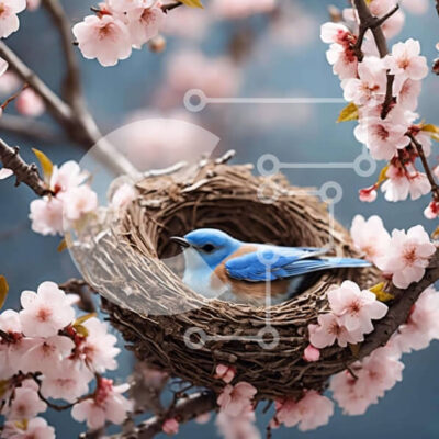 Intra Συλλεκτικό Ξύλινο Παζλ Plywood  4mm - Μπλε πουλί που φωλιάζει σε μηλιά με ροζ άνθη Σε Ξύλινο Κουτί - Διαστάσεις: 10x10 cm – 25 κομμάτια - Image 1