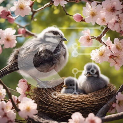 Intra Συλλεκτικό Ξύλινο Παζλ Plywood  4mm - Φωλιά πουλιών με νεοσσούς και ροζ άνθη Σε Ξύλινο Κουτί - Διαστάσεις: 10x10 cm – 25 κομμάτια - Image 1