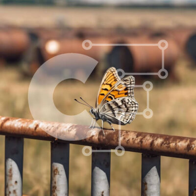 Intra Συλλεκτικό Ξύλινο Παζλ Plywood  4mm - Πεταλούδα σε σκουριασμένο μεταλλικό κιγκλίδωμα με βαρέλια λαδιού Σε Ξύλινο Κουτί - Διαστάσεις: 10x10 cm – 25 κομμάτια - Image 1