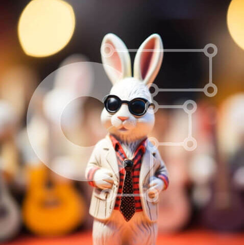 Intra Συλλεκτικό Ξύλινο Παζλ Plywood  4mm - Λευκό ειδώλιο λαγουδάκι με γυαλιά ηλίου και κιθάρες Σε Ξύλινο Κουτί - Διαστάσεις Puzzle: 10x10 cm – 25 κομμάτια - Image 1