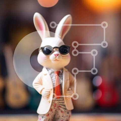 Intra Συλλεκτικό Ξύλινο Παζλ Plywood  4mm - Λευκό ειδώλιο λαγουδάκι με γυαλιά ηλίου και κιθάρες Σε Ξύλινο Κουτί - Διαστάσεις: 10x10 cm – 25 κομμάτια - Image 1