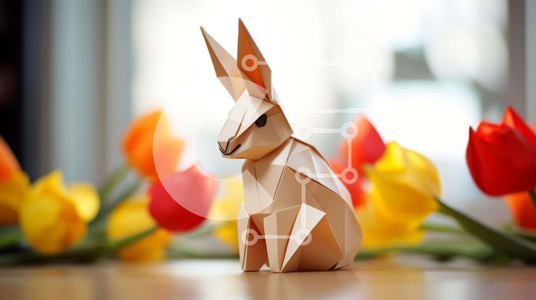 Intra Συλλεκτικό Ξύλινο Παζλ Plywood  4mm - Κουνέλι Origami και πολύχρωμες τουλίπες σε ξύλινο τραπέζι Σε Ξύλινο Κουτί - Διαστάσεις: 10x10 cm – 25 κομμάτια - Image 1