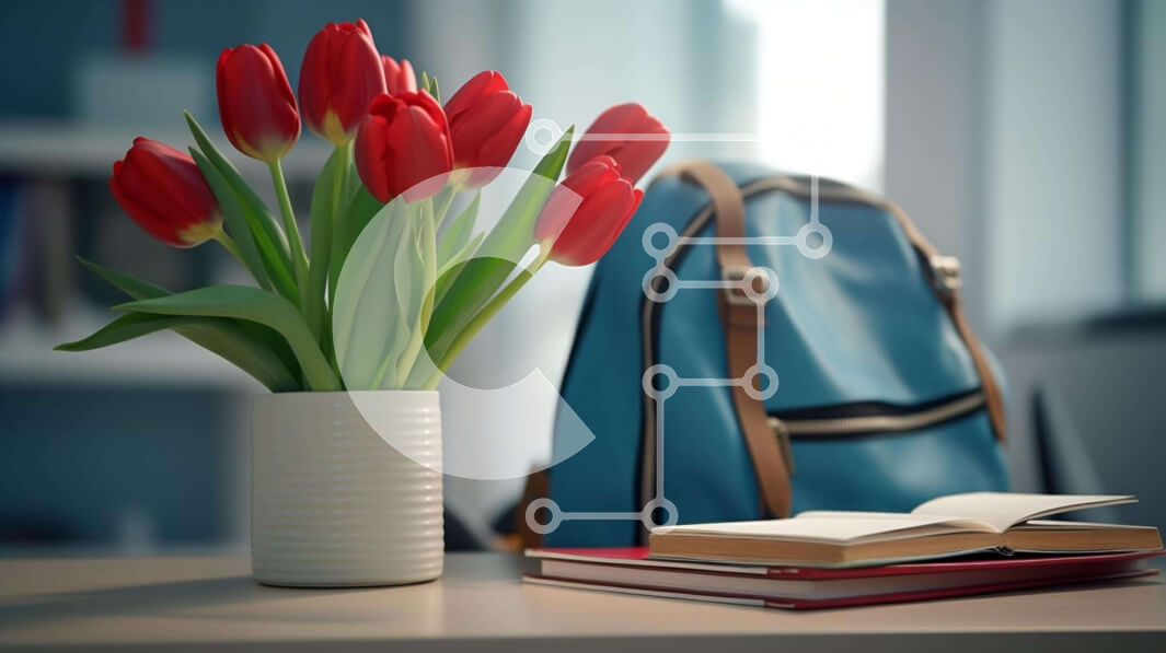 Intra Συλλεκτικό Ξύλινο Παζλ Plywood  4mm - Κόκκινες τουλίπες και ανοιχτό βιβλίο στο τραπέζι Σε Ξύλινο Κουτί - Διαστάσεις: 10x10 cm – 25 κομμάτια