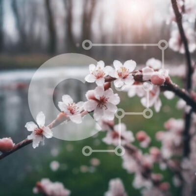 Intra Συλλεκτικό Ξύλινο Παζλ Plywood  4mm - Η κερασιά ανθίζει την άνοιξη δίπλα στον ποταμό Σε Ξύλινο Κουτί - Διαστάσεις: 10x10 cm – 25 κομμάτια - Image 1