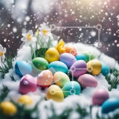 Intra Συλλεκτικό Ξύλινο Παζλ Plywood 4mm - Πολύχρωμα Πασχαλινά αυγά στο χιόνι με ασφόδελους και λουλούδια Σε Ξύλινο Κουτί - Διαστάσεις: 10x10 cm – 25 κομμάτια - Image 1