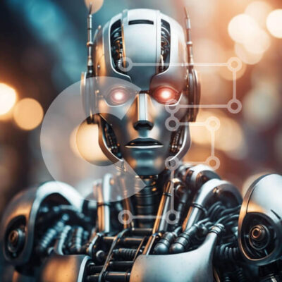 Intra Συλλεκτικό Ξύλινο Παζλ Plywood  4mm - Φουτουριστικό ρομπότ με φωτεινά κόκκινα μάτια - Έννοια τεχνητής νοημοσύνης και ρομποτικής Σε Ξύλινο Κουτί - Διαστάσεις Puzzle: 10x10 cm – 25 κομμάτια - Image 1