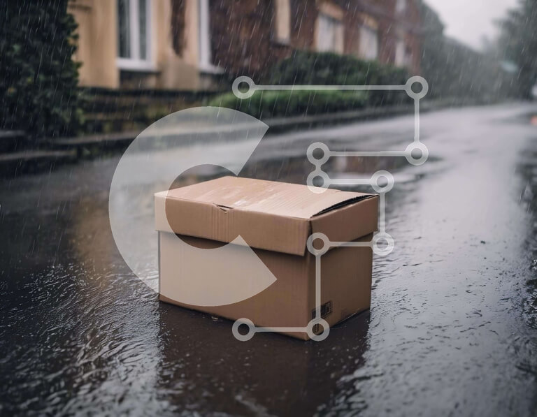 Intra Συλλεκτικό Ξύλινο Παζλ Plywood  4mm - Καφέ χάρτινο κουτί στην υγρή οδό μπροστά από κατοικίες Σε Ξύλινο Κουτί - Διαστάσεις: 10x10 cm – 25 κομμάτια