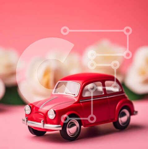 Intra Συλλεκτικό Ξύλινο Παζλ Plywood  4mm - Κόκκινο αυτοκίνητο παιχνιδιών μπροστά από λευκά τριαντάφυλλα Σε Ξύλινο Κουτί - Διαστάσεις: 10x10 cm – 25 κομμάτια - Image 1