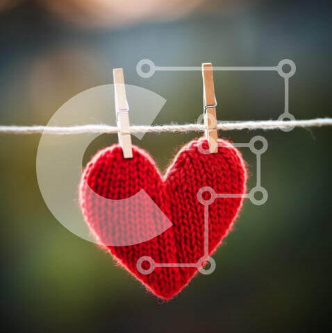 Intra Συλλεκτικό Ξύλινο Παζλ Plywood  4mm - Κόκκινη πλεκτή καρδιά σε μανταλάκια ρούχων Σε Ξύλινο Κουτί - Διαστάσεις Puzzle: 10x10 cm – 25 κομμάτια - Image 1