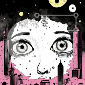 Intra Συλλεκτικό Ξύλινο Παζλ Plywood  4mm - Γυναίκα σε αστικό τοπίο με ορθάνοιχτα μάτια και κύκλους Σε Ξύλινο Κουτί - Διαστάσεις Puzzle: 10x10 cm – 25 κομμάτια - Image 1