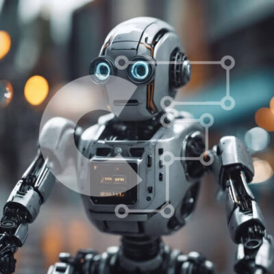 Intra Συλλεκτικό Ξύλινο Παζλ Plywood  4mm - Φουτουριστικό γκρι ρομπότ με μπλε μάτια στο δρόμο Σε Ξύλινο Κουτί - Διαστάσεις Puzzle: 10x10 cm – 25 κομμάτια - Image 1