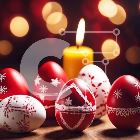 Intra Συλλεκτικό Ξύλινο Παζλ Plywood  4mm - Κόκκινα και λευκά διακοσμημένα πασχαλινά αυγά με φωτισμένη λαμπάδα Σε Ξύλινο Κουτί - Διαστάσεις: 10x10 cm – 25 κομμάτια